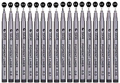 byou Fineliner Stifte, Pigment-Stifte, Set mit 18 schwarzen Stiften, mit feiner Spitze, verschiedene Spitzen, mit Pinsel für Zeichnungen, Illustrationen von Künstlern, Bürodokumente, Scrapbooking und