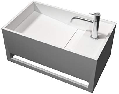 BERNSTEIN - Vasque Lavabo Rectangulaire suspendu fonte minérale Lave main mural Blanc mat 50x30x22cm + Porte-serviette & écoulement latéral + couvercle - Design, Robuste & Durable - PB2078