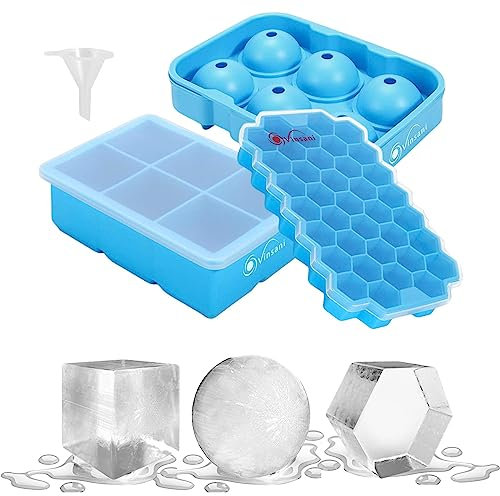 Vinsani 3 Pack Ice Cube Tray with Removable Lid Easy-Release Silicone Flexible Ice Ball Mould, Square Ice Cube Maker and Honeycomb Ice Cube LFGB Certified and BPA Free Stackable Durable – Blue