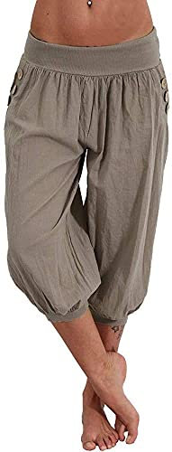 shownicer Haremshose Damen Kurz Pumphose 3/4 Baggy Hose Leichte Sommerhose Pluderhose Lässige Stoffhose Weite Aladinhose Freizeithose Yogahose Strandhose mit Taschen A Grau M