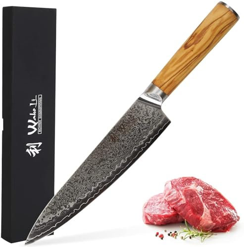 Wakoli Oribu Messer Küchenmesser 20 cm Klinge – Kochmesser aus 67 Lagen Damaststahl mit VG-10 Kern, 60±2 HRC, Full Tang Küchenmesser mit ergonomischem Olivenholzgriff - Chefmesser in Geschenkbox