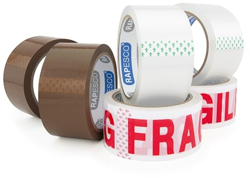 RAPESCO 1687 Rotoli di Nastro da Imballaggio, Larghezza 50 mm, Confezione da 6 Rotoli di Nastro, 2 x Marroni, 2 x Trasparenti, 2 x FRAGILE