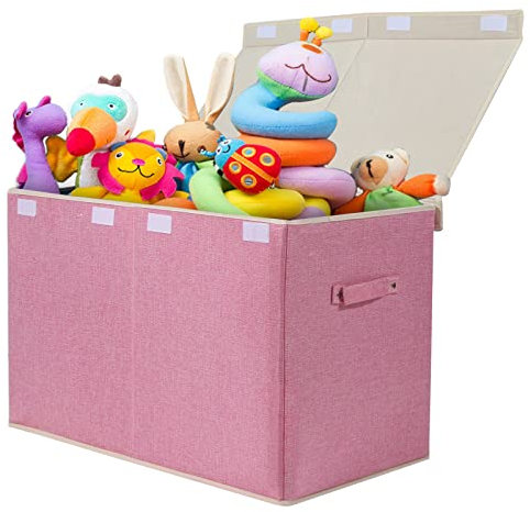 popoly Large Toy Box Chest Storage with Flip-Top Lid, Collapsible Kids Toy Storage Bin Boxes Container for Boys, Girls, Nursery, Playroom, 25x13 x16 (Linen Pink)