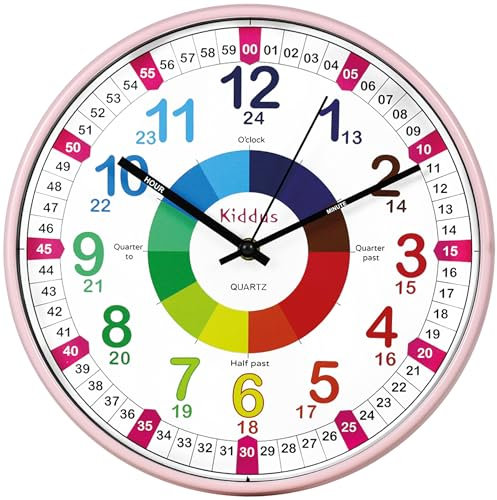 Kiddus Wanduhr für Kinder. Analoger Zeitlehrer mit Zeitlernübungen. Stilles Uhr. Viele Sprachen. English XL Pink