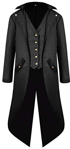 Odizli Mittelalter Kleidung Herren Frack Jacke Steampunk Mantel Gothic Viktorianisches Renaissance Vikings Gehrock Männer Pirate Vampir Dracula Kostüm Halloween Karneval Faschingskostüme Schwarz 4XL