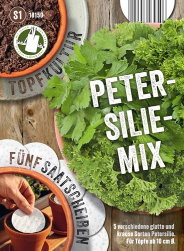 Saatscheiben Petersilie-Mix, 5 Stk, 8 cm Durchmesser, 10g, Anzucht Samen-Set auf der Fensterbank oder dem Balkon, glatte Petersilie, Astra, Moskrul 2, Gigante d’Italia, Grüne Perle