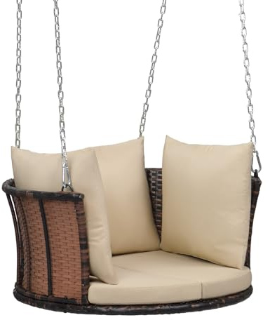 VINGLI 2.4 FT 1-Person Use Round Rattan Porch Swing Outdoor Support 440 LBS with Cushions & Adjustable Chains, Patio Wicker Swing Bench Chair for Garden, Yard, Lawn, Tree, Brown