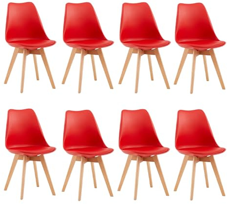 EGGREE Pack de 8 Sillas Comedor Sillas de Cocina Nórdico con Asiento Tapizado y Las piernas de Madera de Haya Maciza - Rojo