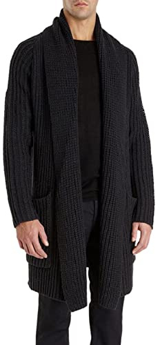 Runcati Mens Knitted Cardigan Long Shawl Collar Sweater Autumn Winter Chunky Knit Jacket Open Front Knitwear, Black, XL