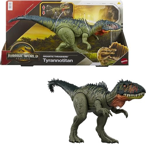 Mattel Jurassic World: Die Wiedergeburt Gigantic Thrashers Tyrannotitian Dinosaurier-Spielzeugfigur, mit zwei aktivierbaren Wutanfällen, digitales Spiel, JCL75