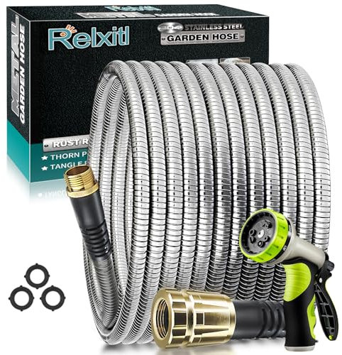 50FT Metal Garden Hose - Stainless Steel, Heavy Duty, Flexible & Lightweight, Never Kink and Tangle, with 10-Function Nozzle, Pressure Resistant for Outdoor Use (Yellow)
