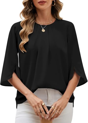 PASUDA Camicia Donna Elegante Manica a 3/4 Top Blusa a Girocollo in Chiffon Casual Camicetta Estiva Tinta Unita Manicotto Split Maglietta da Lavoro (Nero, M)