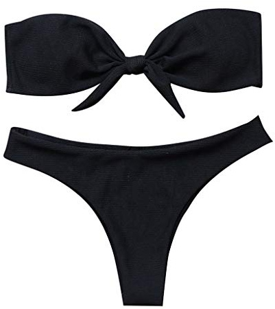 VaiKanhai Set da donna High Bikini Two Solid Sexy Bandeau Tie Costume da bagno Bow Swimwears Tankinis Set calcolatrice orologio, Nero , M