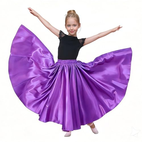 Baisdan Gonna per Danza del Ventre per Ragazze, Gonna Lunga in Raso Cerchio Completo per Danza del Ventre, Costume da Ballo Flamenco,Viola 5-7 Anni