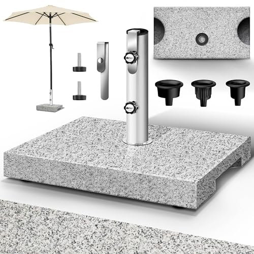 tillvex® Base per Ombrellone da Giardino in Granito, Rettangolare - 25 kg, con Tubo in Acciaio Inox, Supporto per ombrellone da Balcone da 16 a 48 mm e 300 cm di Diametro + Maniglia per Il Trasporto