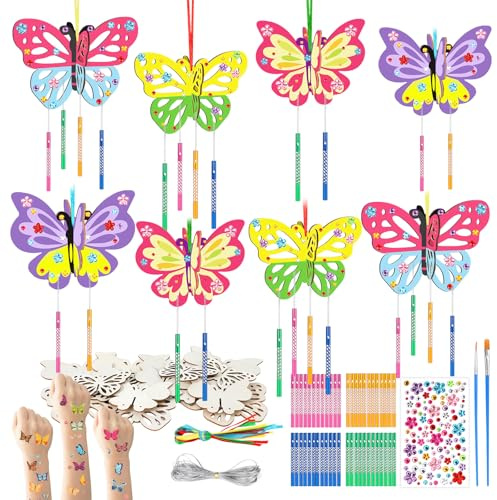 SRIZIAN 8 Pièces Kit Bricolage Carillon à Vent avec 2 Feuilles Tatouage Temporaire, Papillon 3D en Bois à Peindre pour Enfants Décoration de Fête d'anniversaire