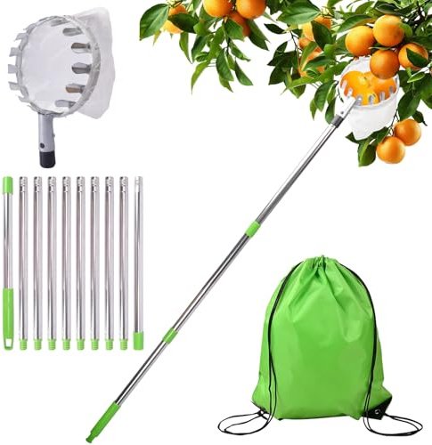 Obstpflücker mit Teleskopstiel,Obstpflücker für Kirschen,Apfelpflücker mit Edelstahl Teleskoppfahl und Baumwollbeutel,Edelstahl Obstsammler für Kirschen,Pflaumenpflücker,Fruit Picker,Obstgreifer