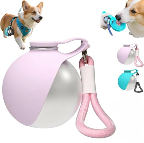 Botella de agua para perros de 285 ml, acero inoxidable con cuenco de silicona plegable, a prueba de fugas, para paseos, senderismo, viajes, botella de agua compacta para perros (rosa)