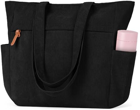URAQT Corduroy Tote Bags for Women, Large Capacity Shoulder Bags with Zipper and Compartments Pockets, Cord Tote Bag for Ladies Girls, Laptop Tote Bag for School Work Shopping Travel Daily Use(Black)