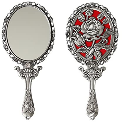 SEHAMANO Vintage handspegel med präglad ros – kompakt metallhandväska spegel (matt silver)