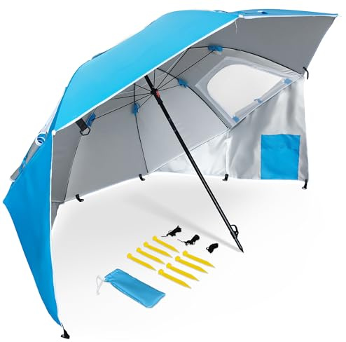 Pincho Sombrilla Playa Grande 220cm tipo tienda con proteccion solar UV50+ antiviento impermeable transpirable 3 posiciones montaje con alas y ventanas incluye piquetas tensores anclaje