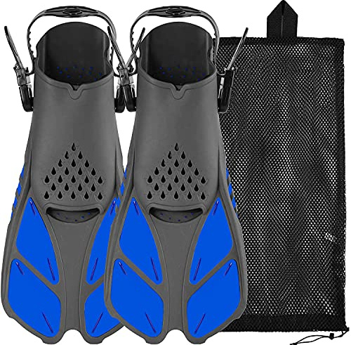 Sugaroom Snorkel, Swim Fins with Adjustable Buckles, Open Heel, Travel Size Short Flippers for Snorkeling, Swimming and Scuba Diving, Mesh Bag Adult Men Women Kids, Blue, L/XL(Adult US Size 9-13)