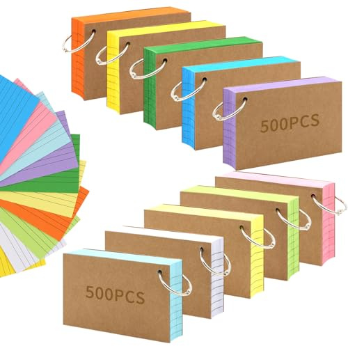 1000 PCS Index Cards 3x5 Inches Colored Flash Cards with Ring, Punched Lined Flashcards Ruled Index Cards Notecards Study Cards Heavy Note Cards for Studying, Learning, School, College, Memory