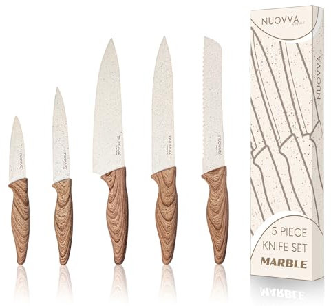nuovva Professional Kitchen Knife Set – 5pcs Cream Granite Kitchen Knives – Stainless Steel Granite Non Stick Blades – Chefs, Filleting, Bread, Paring and Utility Knives