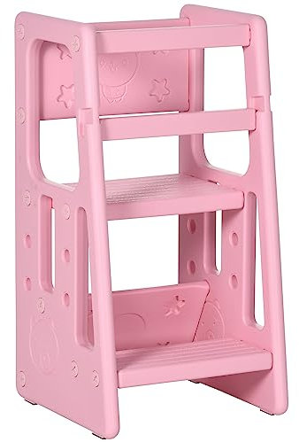 HOMCOM Torre de Aprendizaje para Niños Taburete Infantil con Altura Ajustable en 3 Posiciones y Plataforma Antideslizante para Cocina Comedor Baño 47x47x90 cm Rosa