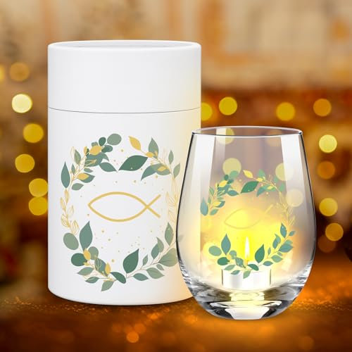 FHzytg Teelicht zur Konfirmation, Windlichter Tischdeko Kommunion Taufe, Geschenk zur Konfirmation für Mädchen Jungen, Glas Teelicht, Teelichter Eukalyptus Grün Deko