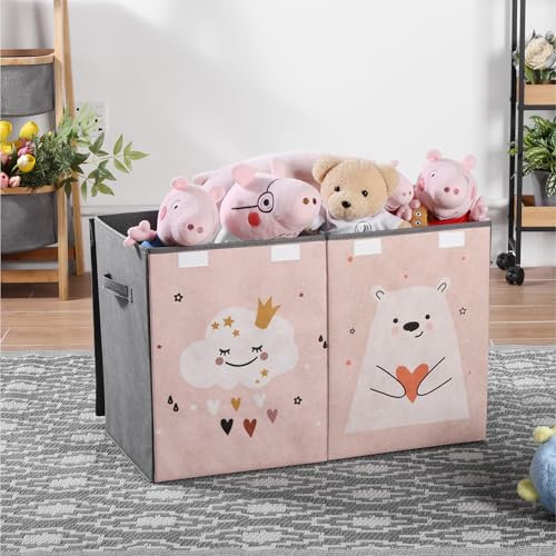 Navaris Kinder Aufbewahrungsbox groß - Spielzeug Aufbewahrung 62 x 33 x 40 cm Spielzeugkiste - XL Spielzeug Box faltbar - Tier Motiv Kiste mit Griff und Deckel - Pink