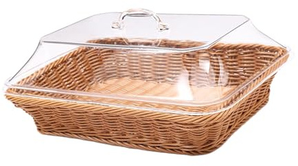 Folpus Woven Bread Basket with Lid Serving Tray Food Storage Dustproof Food Serving Basket Handwoven Fruit Basket for Cafe Picnic Home, small