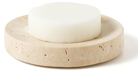 WORHE Marble Soap Dishes Natural Travertine Stone Sponge Holder for Bathroom Tub Shower Kitchen Sink, Handcraft Round Soap Case Trinket Plate Jewelry Tray Coaster for Home Decor Color Beige (WH046)