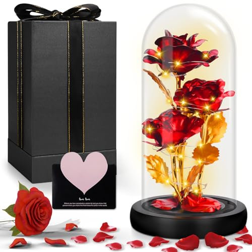 UCAMP Ewige Rose im Glas,Die Schöne und das Biest Rose,Galaxy Rose mit LED,Rose Geschenk Kit,Glaskuppel,Holzsockel,1 Liebesgrußkarte,für Mama,Damen,Weihnachten,Hochzeit,Jahrestag,Muttertag