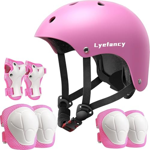Lyefancy Kids Bike Helmet and Pads Set for 3-13 Years old Boys Girls, Toddler Helmet Protection Gear, Adjustable Safety Kids Helmet Knee Pads Set for Scooter Cycling Skateboard Skating(Pink, S)