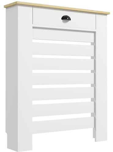 HOMCOM Couvercle de radiateur, cache radiateur, grille à lattes horizontales, avec tiroir, pour salon, chambre à coucher, couloir, en bois, 78 x 19 x 95,5 cm, blanc