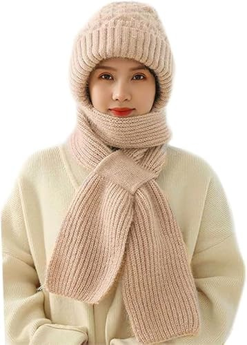 2 in 1 Womens Hat and Scarf Sets Winter Warm, Christmas Gifts for Women, Birthday Gifts for Women, Ladies Scarves, Integrated Ear Protection Windproof Cap Scarf (Beige)