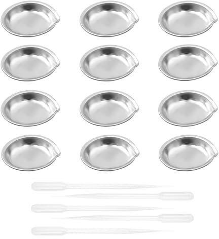 TTQiAnJ 12 Piezas Paleta De Pintura de Acero Inoxidable,Plateado Bandeja Colores Paleta y 5 Goteros Capacidad 3 ml,Paleta Maquillaje Redondas para Maquillaje Pinturas Al Óleo Acrílicas de Acuarela