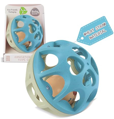 Baby Rassel Ball, Montessori Beißspielzeug für Babys, Weiches Spielzeug aus Weizenstroh mit Rasseln, Reisespielzeug-Geschenk für Jungen und Mädchen 3-12 Monate