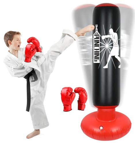 Qoosea Sac de Boxe Gonflable pour Enfants, 160cm Sac de Frappe sur Pied, Punching Ball avec Gants Formation avec Gants de Boxe, Cadeau Parfait pour Garçons et Filles 3 à 12 Ans