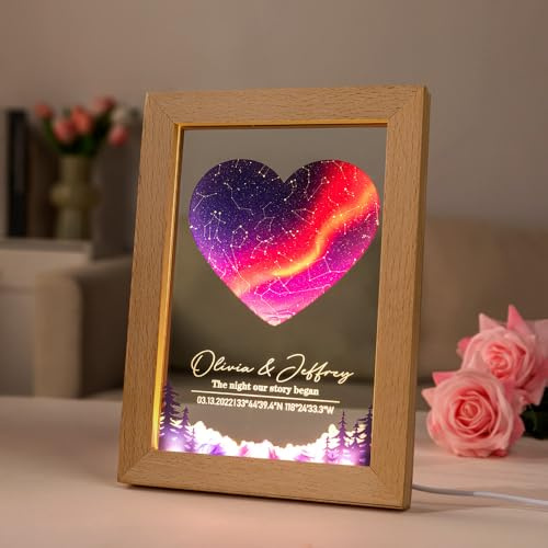Luce notturna personalizzata con mappa stellare, nome personalizzato data posizione testo compleanno grafico costellazione placca con base in legno lampada da notte stella per lei lui coppia