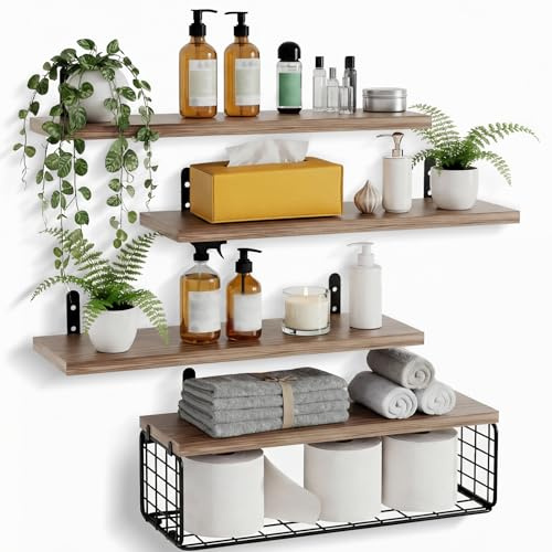 FREEAMG Floating Shelves with Wire Storage Basket, Wood Floating Shelves for Wall Decor, Wall Mounted Shelves for Bathroom, Living Room, Bedroom, Kitchen, Set of 4+1 (Brown)
