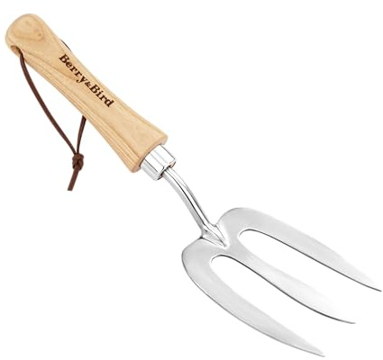 Berry&Bird Classic Blumengabel 30,7 cm - Grabegabel aus hochwertigem Edelstahl mit kurzem Holzgriff, Pflanzgabel zum Gras- und Erdflächen, Ideal für Graben, Jäten und Lösen