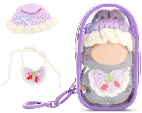 WALLFID Protective Case with Crochet Clothes for Mini Labubu, Handmade Hat & Bib, Clear Shell Carrier with 3-Piece Outfit Set for 10cm Dolls,Cute Doll Accessories (No Doll) (Lavender Purple)