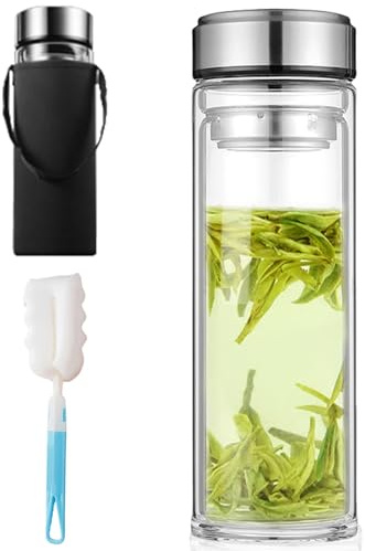 Glasflaska 1 liter: Dubbelväggig drickflaska glas1 L, vattenflaska med kastrullborste och koppuppsättningar, teflaska med sil To Go, dricksflaska glas