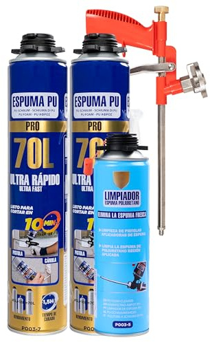 Etrexonline Kit Espuma de Poliuretano 70L Ultra Rápida – 2 Botes de 750ml + Pistola Aplicadora + Limpiador 500ml, Espuma Expansiva para Sellado y Aislamiento