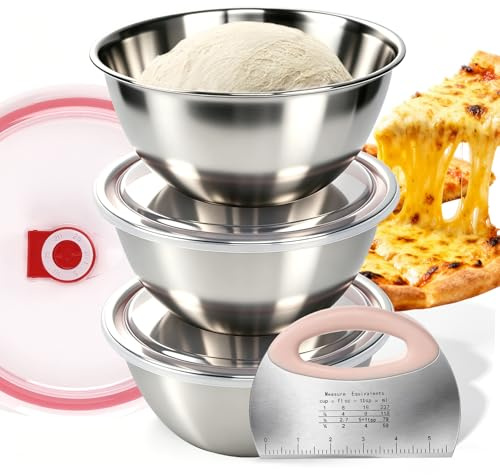 Lmaqfum Boîte de fermentation à pizza en acier inoxydable 304 avec couvercle, 3 récipients à pâte empilables de 800 ml, avec spatule en acier inoxydable avec échelle de mesure, récipient de