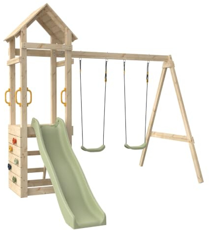 TP Toys Aire de Jeux 2 Balançoires, Toboggan et Mur d'escalade, H240 Cm