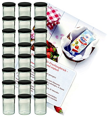 MamboCat 24er Set Sturzglas 435 ml Marmeladenglas Einmachglas Einweckglas To 82 schwarzer Deckel incl. Diamant-Zucker Gelierzauber Rezeptheft