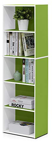 Furinno LUDER Book Shelf, 5-Cube Bookshelf, Bookcase with Open Shelf, 9.4 x 15.8 x 52, for Living Room, Bedroom, Home Office, White/Green